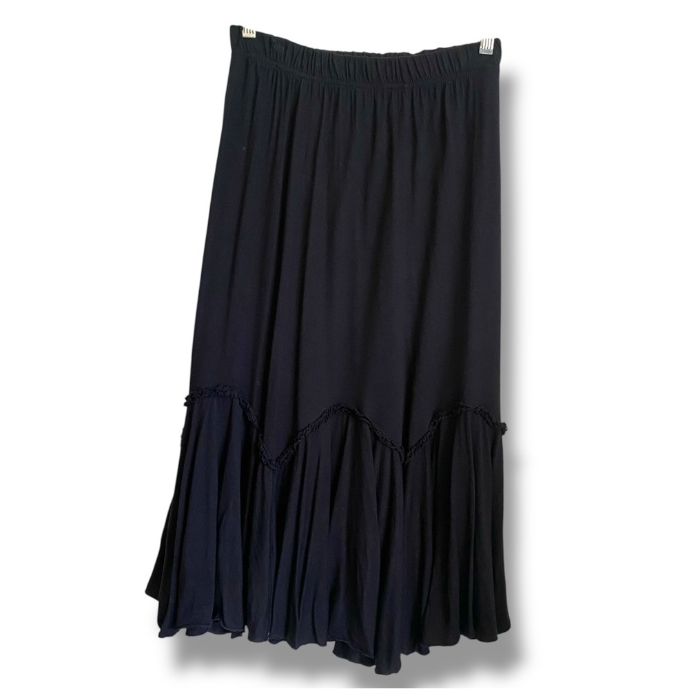 Cordelia Black Midi Tiered Ruffle Lettuce Hem Witchcore Elastic Waistband Skirt